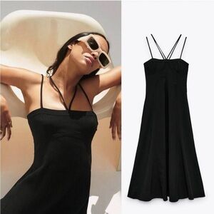 Black Zara linen blend corset midi dress with strappy design